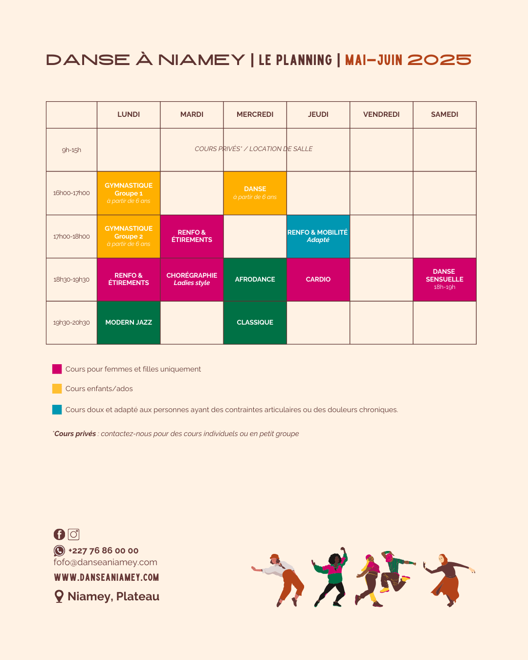 Planning des cours MAI 2025 - danse et maintien physique - niamey 