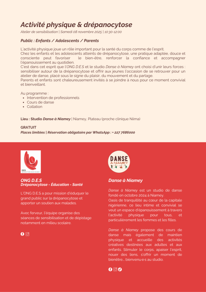 Atelier de sensibilisation : drépanocytose et activité physique chez les enfants et adolescente - 8 novembre 2025 - Niamey